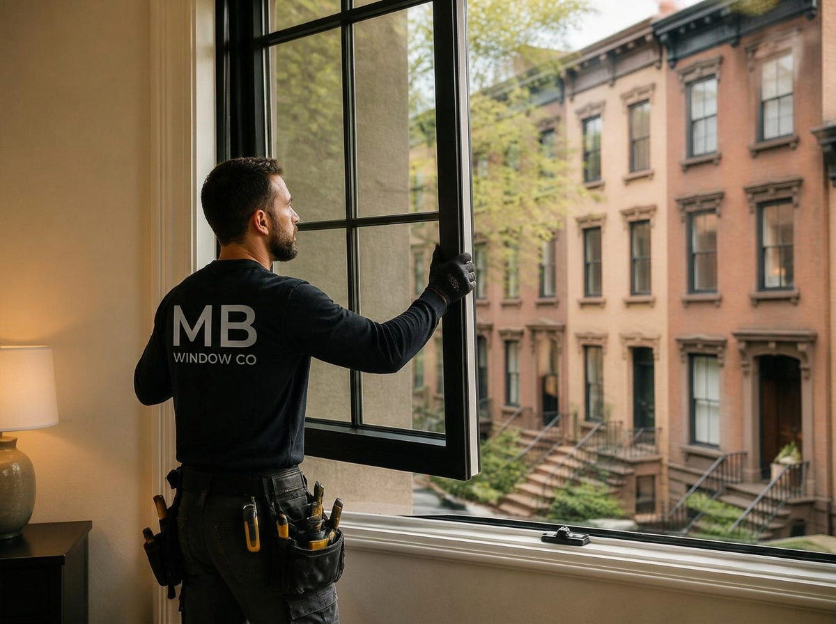 M&B Window Co. installer fitting a new window in a Manhattan brownstone