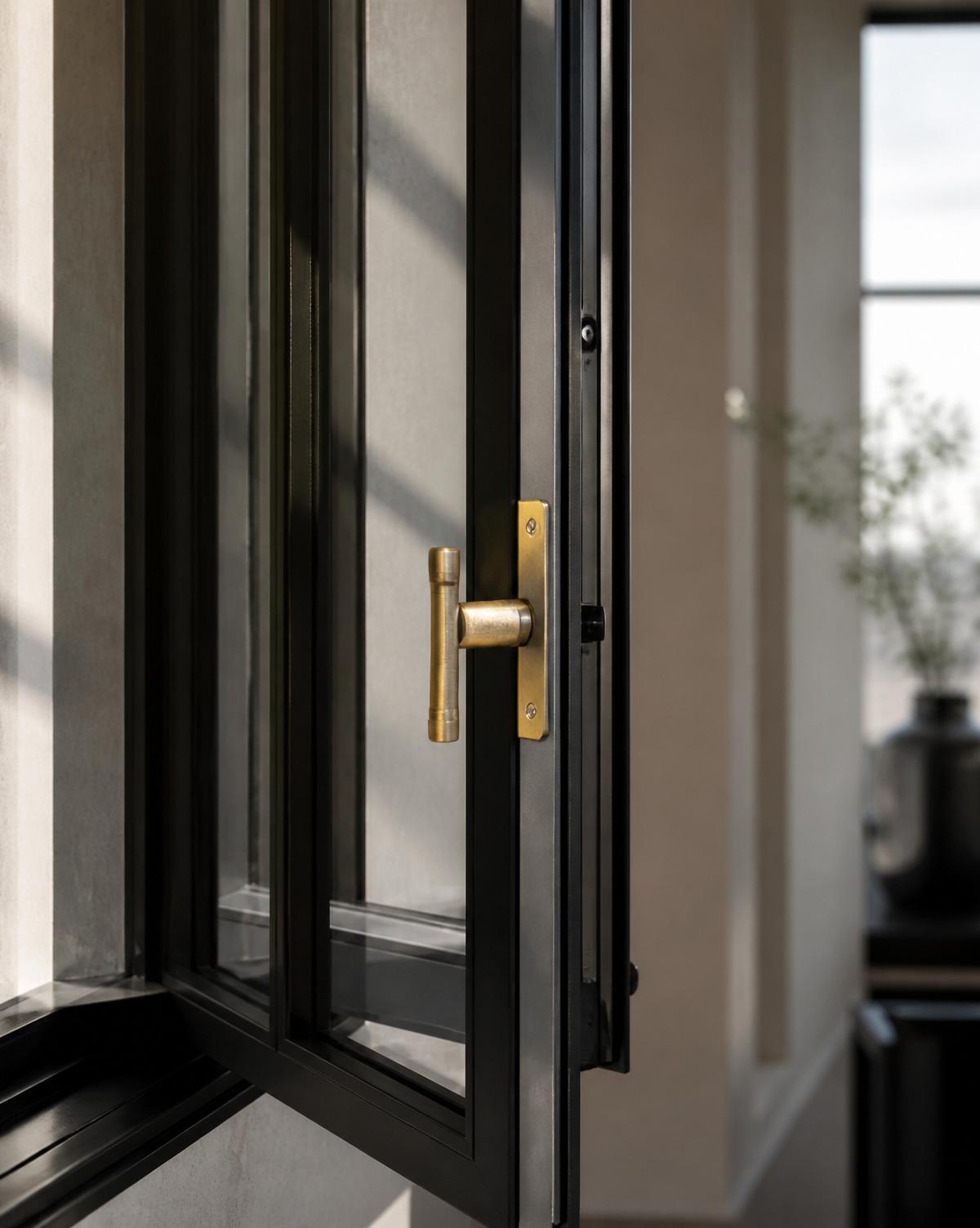 Modern black-framed casement window with brass hardware